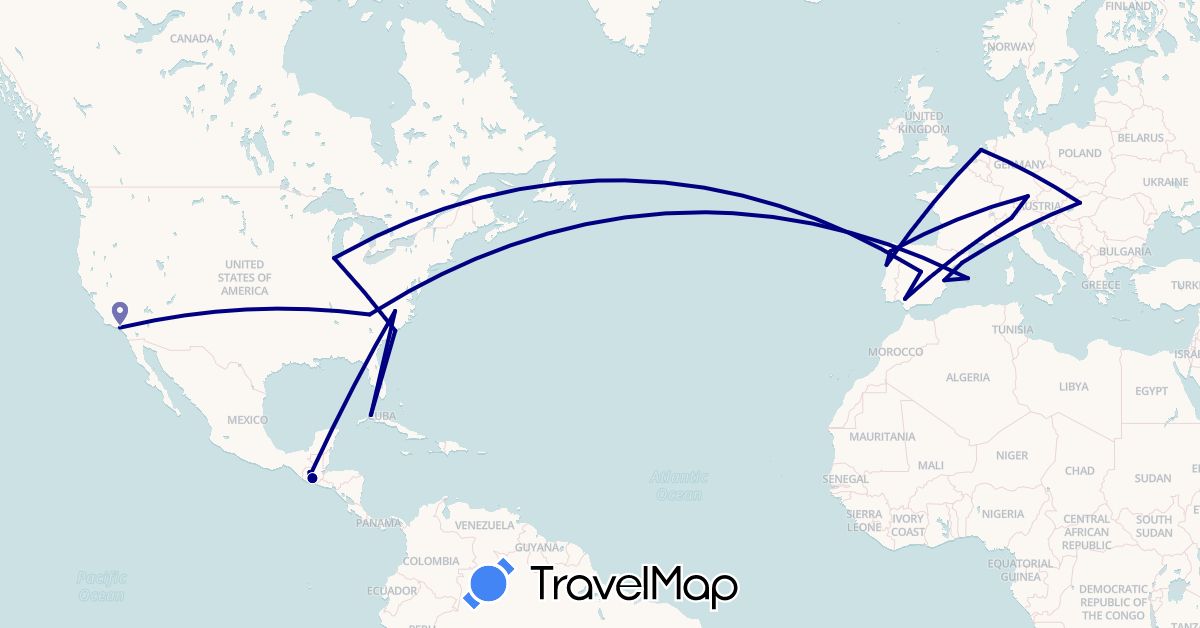 TravelMap itinerary: driving in Cuba, Germany, Spain, Guatemala, Hungary, Italy, Netherlands, Portugal, United States (Europe, North America)